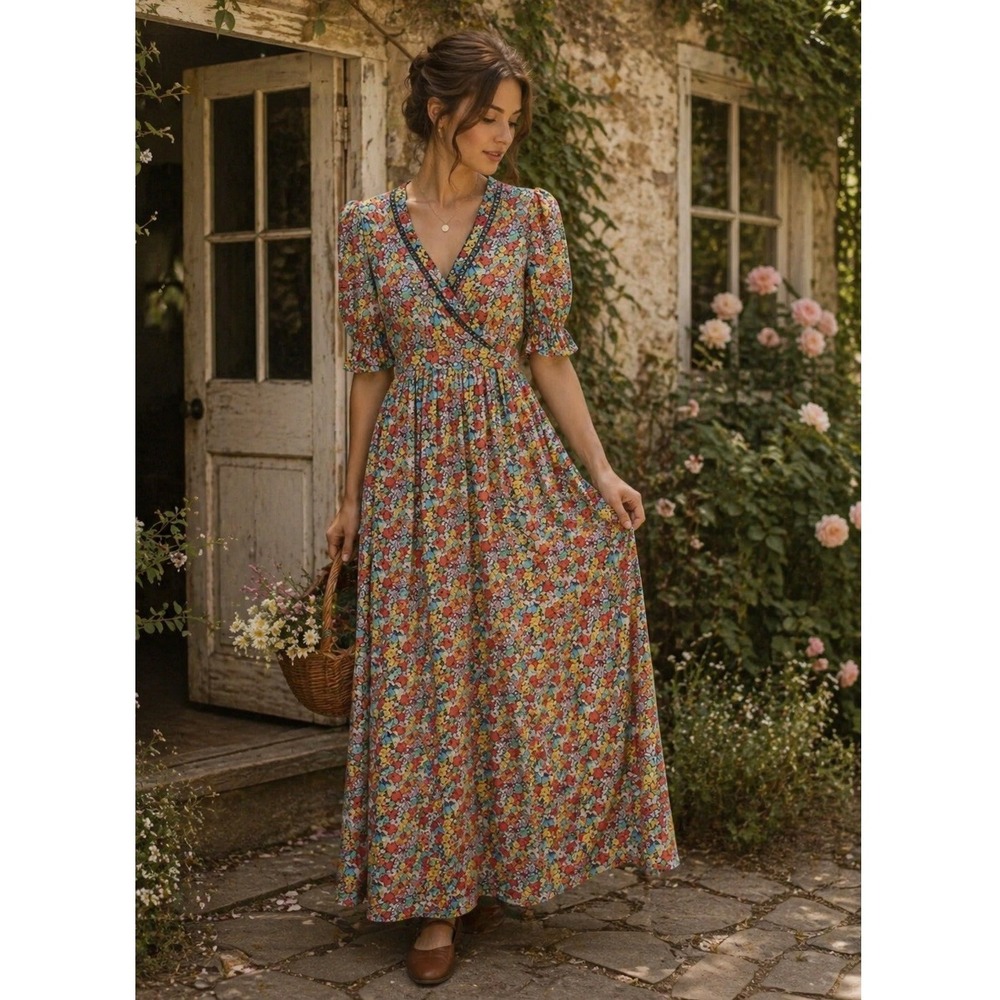 Ash & Eden Womens Maxi Wrap Dress Medium Floral Semi Sheer Cottagecore Boho